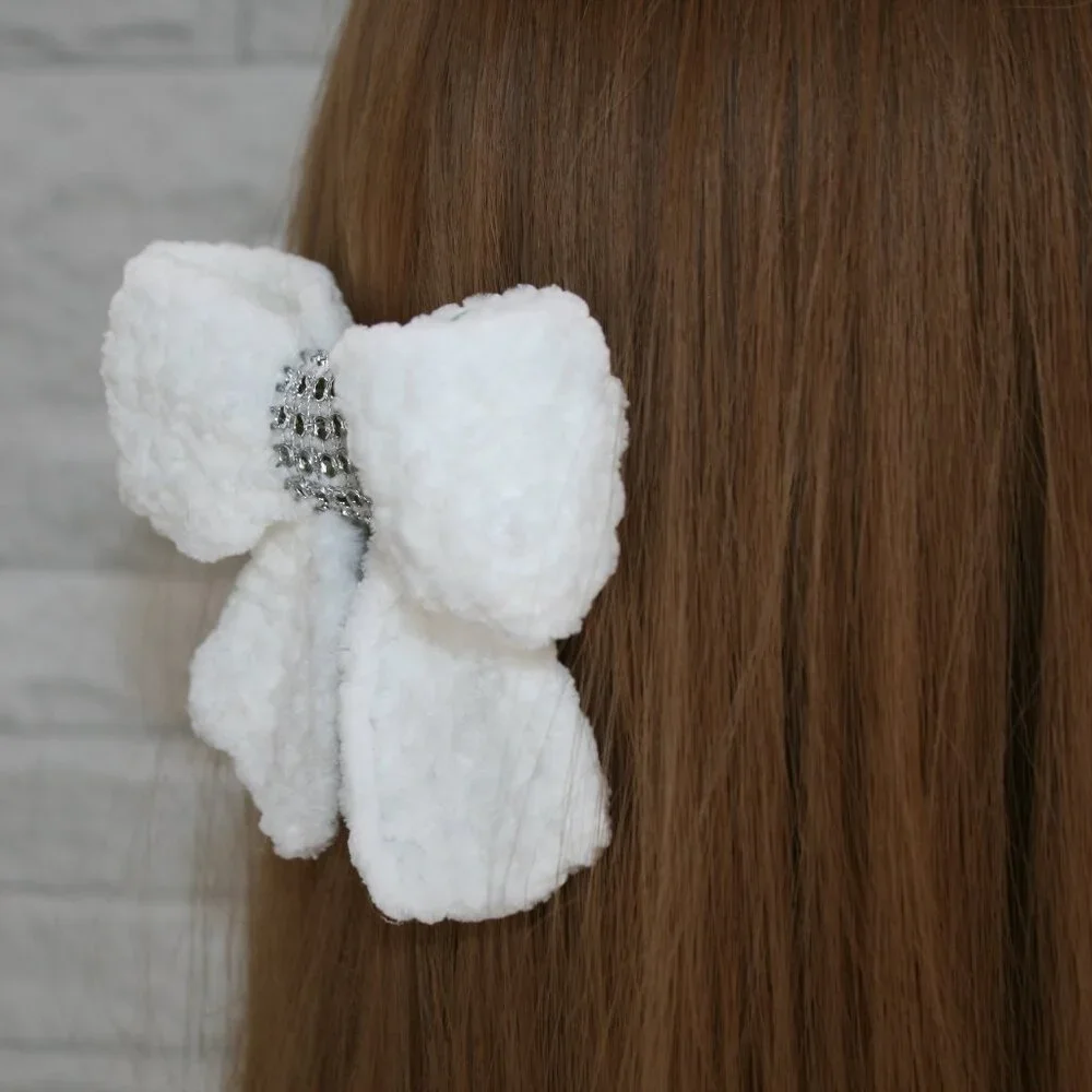 HAND CRAFTED Hair Bow Kids Crochet Chenille Velvet Hair Barrette Oversized White
